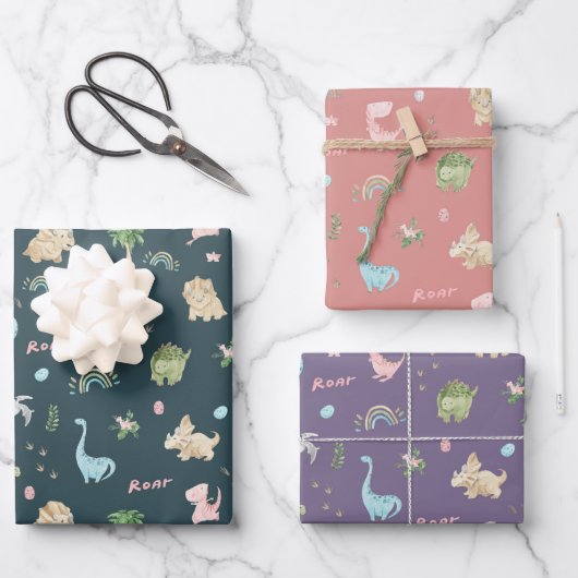 Niedliche Dinosaurier zum Geburtstag Geschenkpapier Set (Vorderseite)