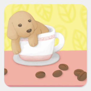 Niedliche Dog & Kaffeebohnen Illustration Art Quadratischer Aufkleber