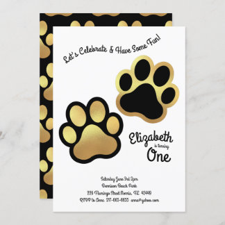 Niedliche Dog Paw Print Kids 1. Geburtstag Gold Sc Einladung