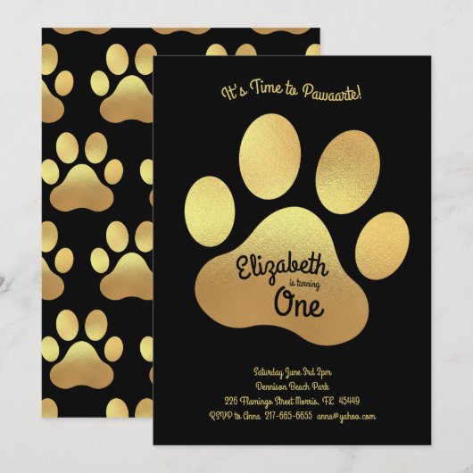 Niedliche Dog Paw Print Kids 1. Geburtstag Gold Sc Einladung (Vorne/Hinten)