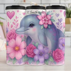 Niedliche Dolphin-Blume Herz Glitzern Thermosbecher