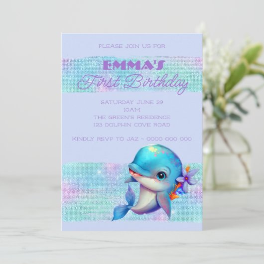 Niedliche Dolphin Iridescent 1. Geburtstag Einladung (Stehend Vorderseite)