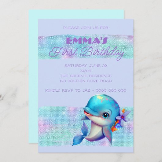 Niedliche Dolphin Iridescent 1. Geburtstag Einladung (Vorne/Hinten)
