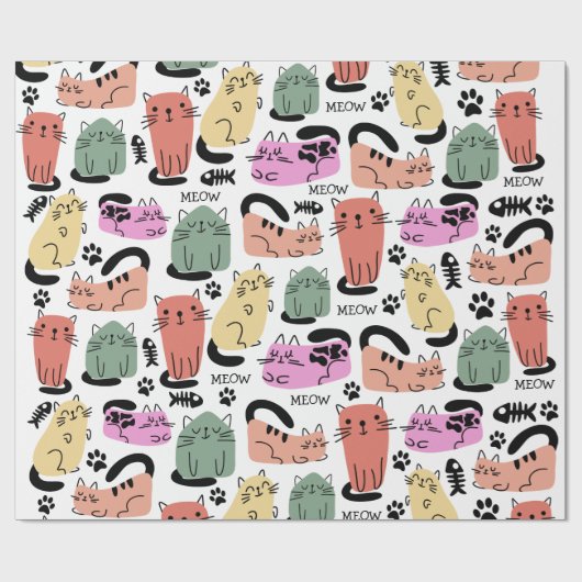 Niedliche Doodle-Katzen und Paw-Drucke Geschenkpapier (Flach)