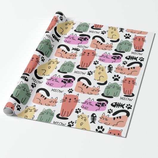 Niedliche Doodle-Katzen und Paw-Drucke Geschenkpapier (Ungerollt)
