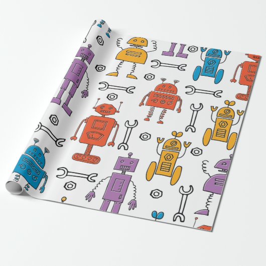 Niedliche Doodle-Roboter. Nahtloses Muster. Cartoo Geschenkpapier (Ungerollt)