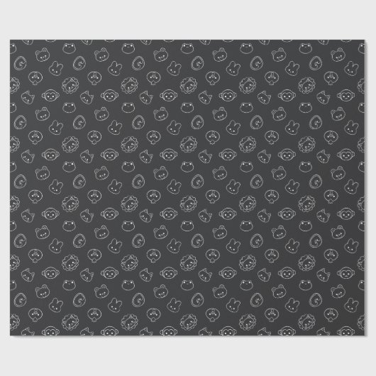 Niedliche Doodles mit weißem Tierkopf auf schwarz Geschenkpapier (Flach)