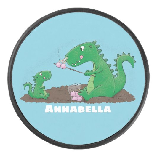 Niedliche Drachen braten Marshmallows Cartoon Eishockey Puck (Vorderseite)