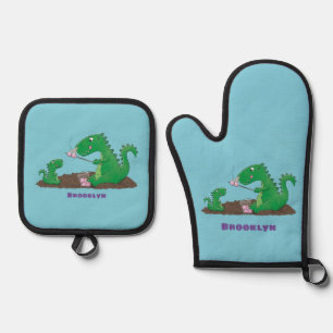 Niedliche Drachen braten Marshmallows Cartoon Ofenhandschuh & Topflappen-Set