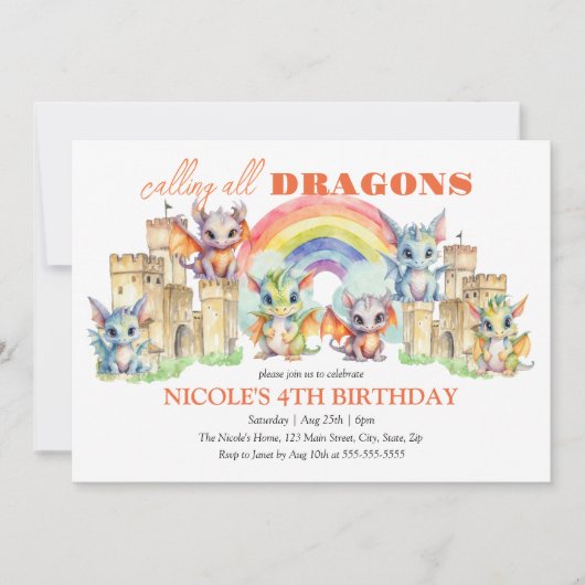 Niedliche Drachen Burg Rainbow Geburtstag Einladung (Vorderseite)
