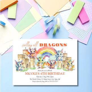 Niedliche Drachen Burg Rainbow Geburtstag Einladung