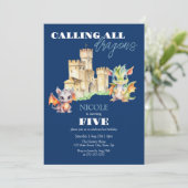 Niedliche Dragons Castle Fairytale Navy Kindergebu Einladung (Stehend Vorderseite)