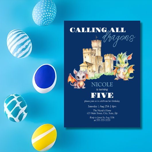 Niedliche Dragons Castle Fairytale Navy Kindergebu Einladung