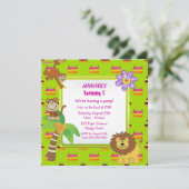 Niedliche Dschungel-Tiere u. rosa Einladung (Stehend Vorderseite)