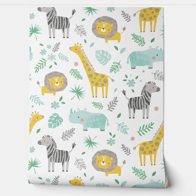 Niedliche Dschungeltiere mit Blätter und Blume Tapete (Abrollen)