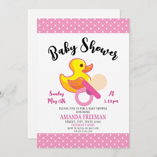 Niedliche Duckkissendusche aus Rosa und Weiß Einladung (Vorne/Hinten)