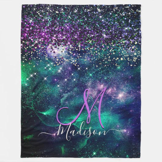 Niedliche dunkelgrüne Imitate Glitzer Monogramm Fleecedecke (Vorderseite)