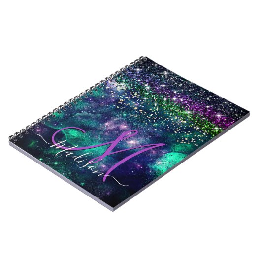 Niedliche dunkelgrüne Imitate Glitzer Monogramm Notizblock (Linke Seite)