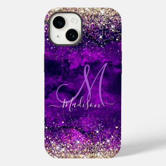 Niedliche dunkle lila Imitat Glitzer Monogramm Case-Mate iPhone Hülle (Rückseite)