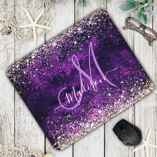 Niedliche dunkle lila Imitat Glitzer Monogramm Mousepad