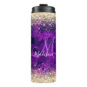 Niedliche dunkle lila Imitat Glitzer Monogramm Thermosbecher