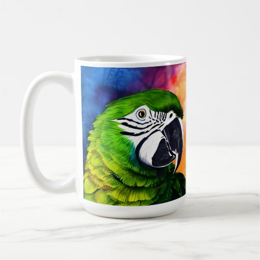 Niedliche durch KI erzeugte Papageien Nah Kaffeetasse (Links)