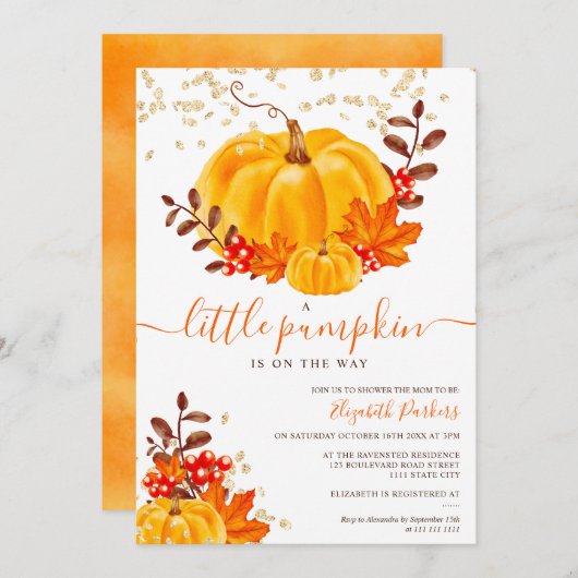 Niedliche Dusche aus Goldkürbis Einladung (Vorne/Hinten)