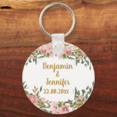 Niedliche Eegant Pink Blumengrün und goldene Hochz Schlüsselanhänger (Vorderseite)