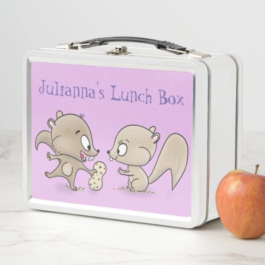 Niedliche Eichhörnchen, die einen Erdnussbaum teil Metall Brotdose (Beispiel)