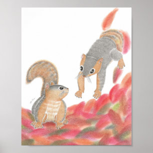Niedliche Eichhörnchen Fallen Blätter Kinderzimmer Poster