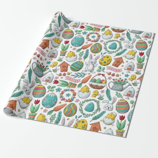 Niedliche Eier Bunny Spring Pattern Ostern Geschenkpapier (Ungerollt)