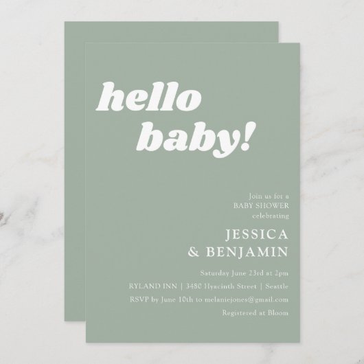 Niedliche Einfache Dusty Sage Hello Baby Dusche Einladung (Vorne/Hinten)