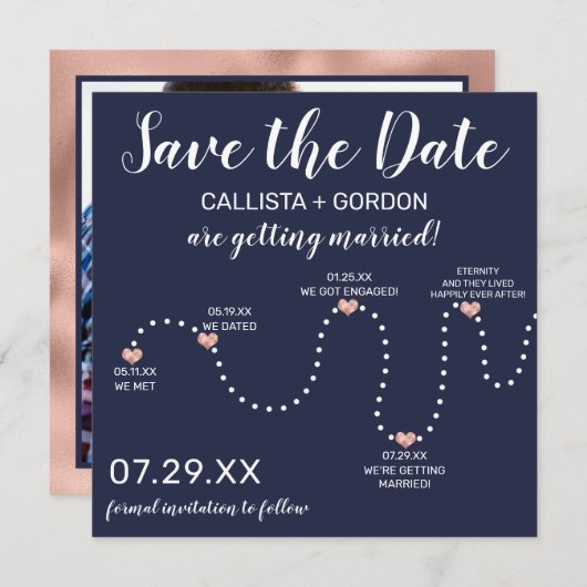 Niedliche Einfache Rose Gold Navy Blue Timeline Ho Save The Date (Vorne/Hinten)
