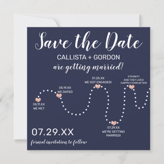 Niedliche Einfache Rose Gold Navy Blue Timeline Ho Save The Date (Vorderseite)