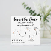 Niedliche Einfache Schwarz-weiße Timeline-Hochzeit Save The Date (Stehend Vorderseite)