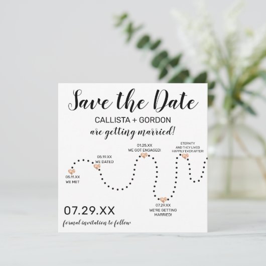 Niedliche Einfache Schwarz-weiße Timeline-Hochzeit Save The Date (Stehend Vorderseite)