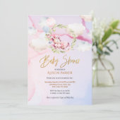 Niedliche Einhorn Blumengrün Pink Sky Babydusche Einladung (Stehend Vorderseite)