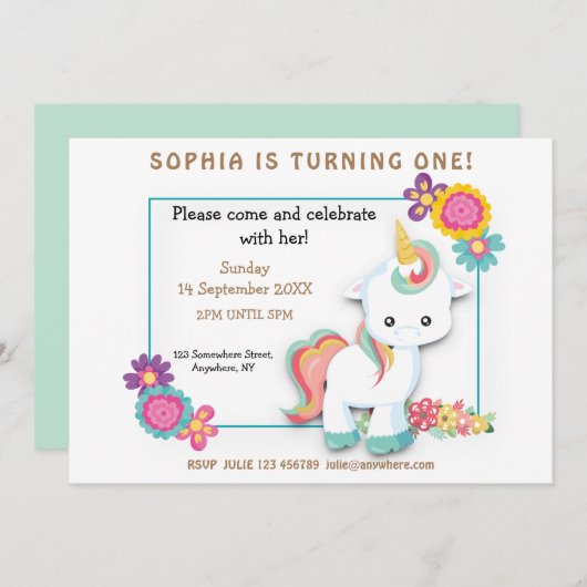 Niedliche Einhorn-Blütenmädchen Einladung zum erst (Vorne/Hinten)