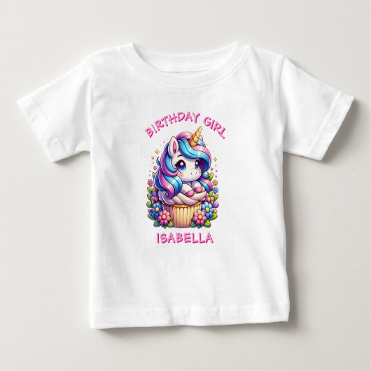 Niedliche Einhorn & Cupcake Personalisiert Geburts Baby T-shirt (Vorderseite)