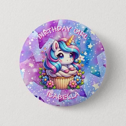 Niedliche Einhorn & Cupcake Personalisiert Geburts Button (Vorderseite)