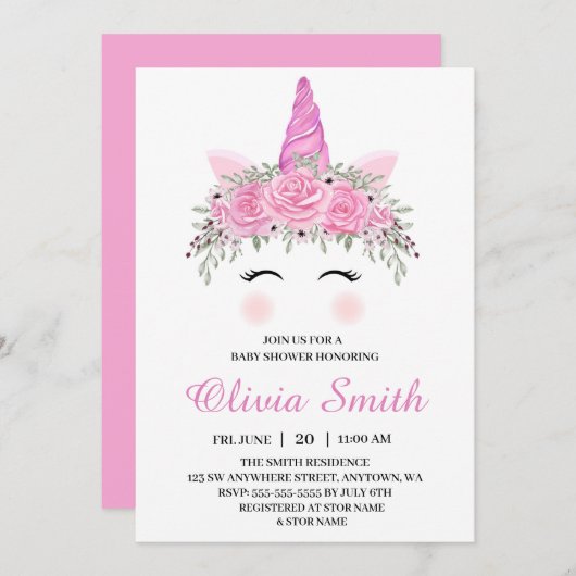 Niedliche Einhorn-Girl-Babydusche mit rosa Namen Einladung (Vorne/Hinten)