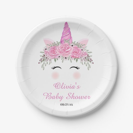 Niedliche Einhorn-Girl-Babydusche mit rosa Namen Pappteller (Vorderseite)