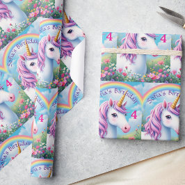Niedliche Einhorn Girl's Name & Age Rainbow Birthd Geschenkpapier