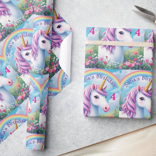 Niedliche Einhorn Girl's Name & Age Rainbow Birthd Geschenkpapier