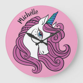 Niedliche Einhorn-individuelle Name- und Farbwandu Große Wanduhr