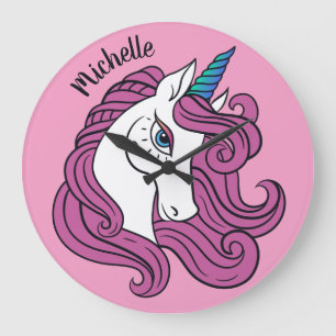 Niedliche Einhorn-individuelle Name- und Farbwandu Große Wanduhr
