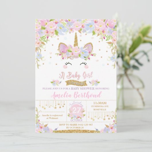 Niedliche Einhorn-Kinderdusche Einladung Mädchen (Stehend Vorderseite)