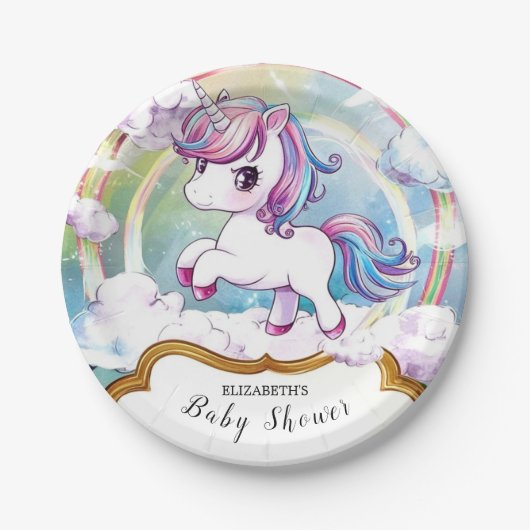 Niedliche Einhorn-Kinderdusche Pappteller (Vorderseite)