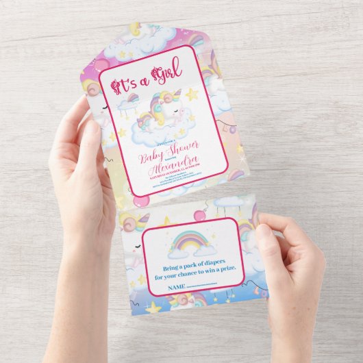 Niedliche Einhorn Rainbow Baby Dusche All In One Einladung (Abreißen)