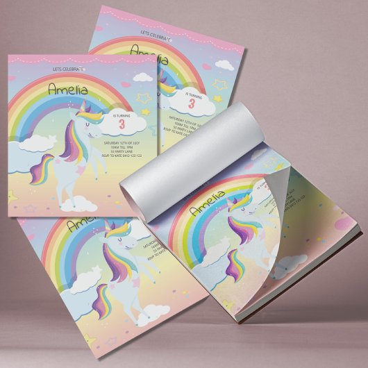 NIEDLICHE Einhorn-Rainbow-Girls Einladung Notizblock